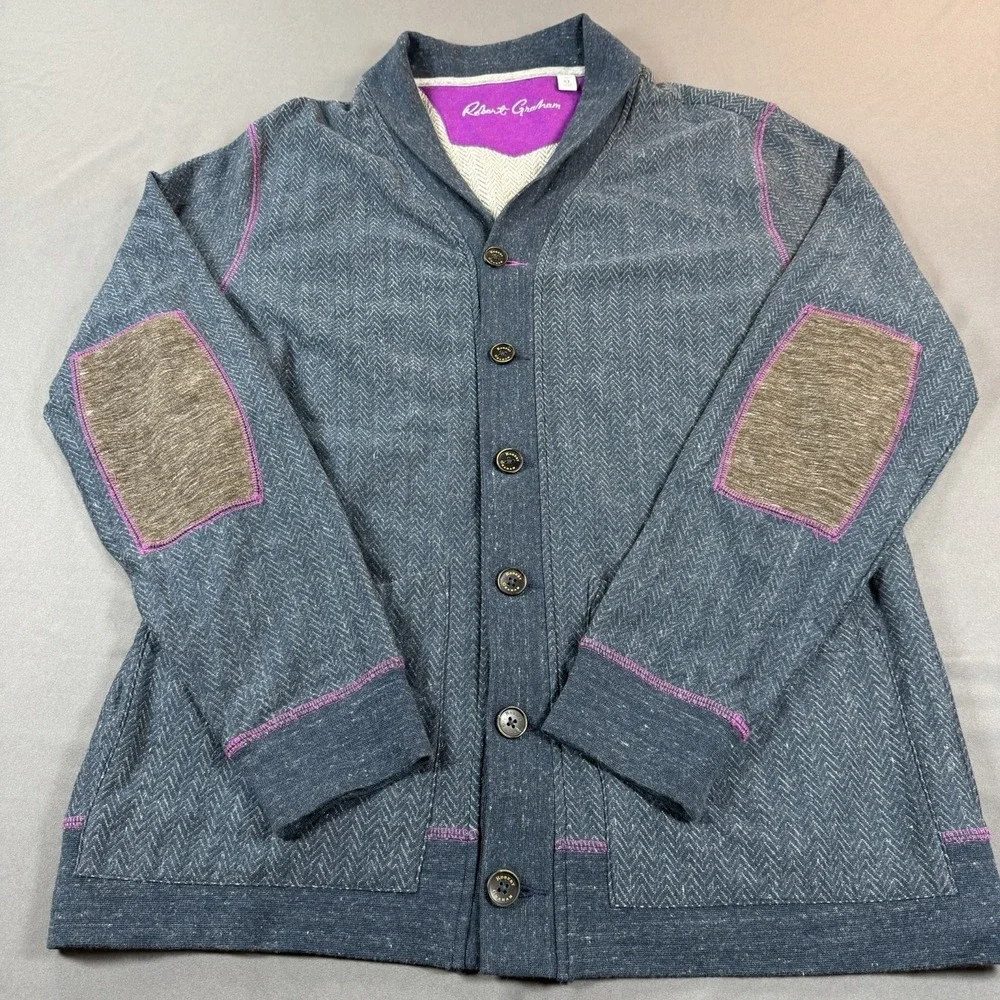 Robert Graham Cardigan Sweater Mens XL Blue Shawl Collar Herringbone Elbow Patch